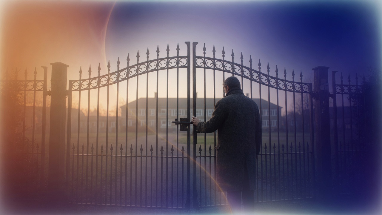 An adult at a closed school gate in amber and indigo light