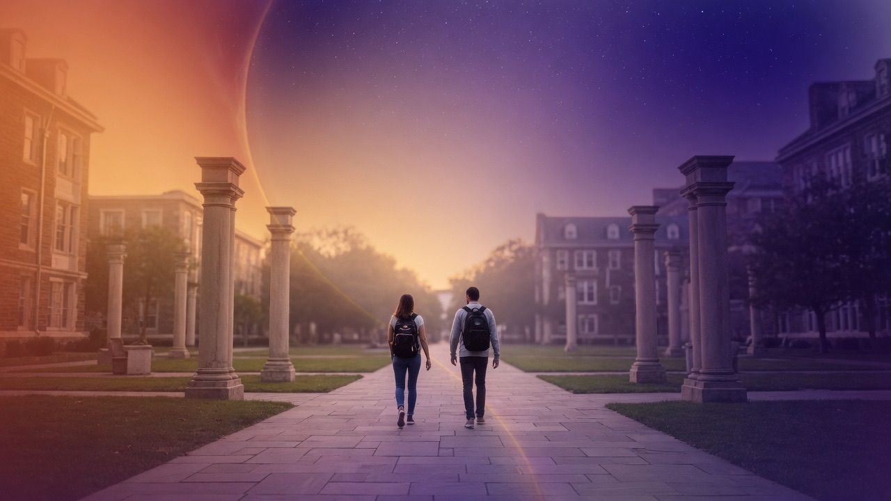 Two adults walking a college path between stone columns at dawn