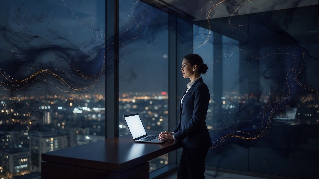 A professional at a high window over a night city, a laptop on the desk.