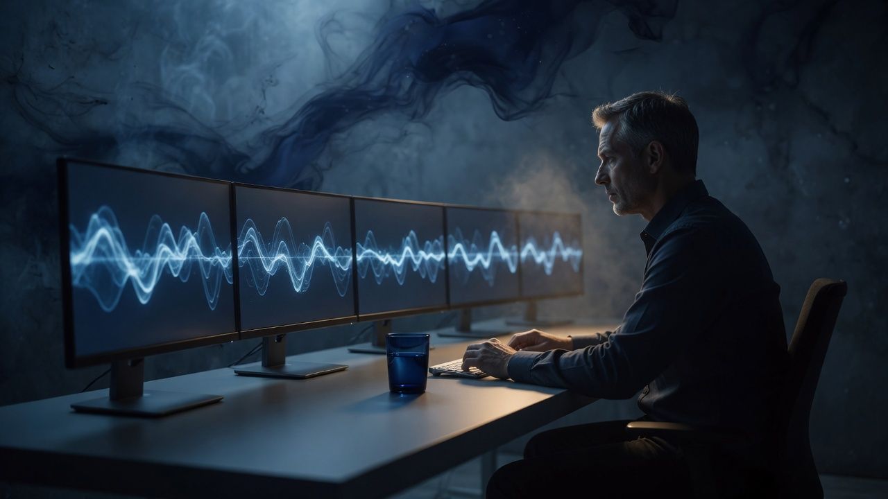 A supervisor at a row of monitors showing abstract blue waveforms.