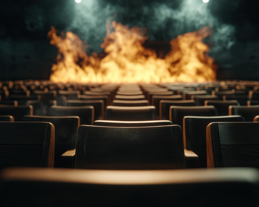 Unoccupied theater seats illuminated by a fire in the background, evoking a sense of tension and abandonment.