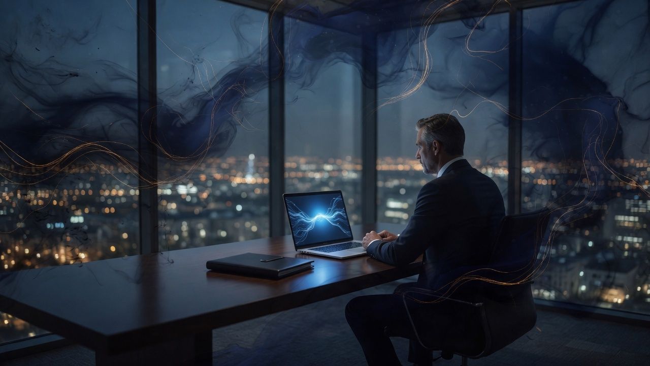 A hiring manager at a night desk, city lights beyond the glass.