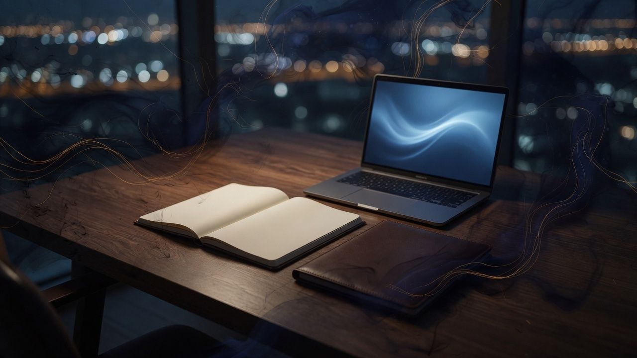 A night desk with an open notebook, a folder, and a laptop.