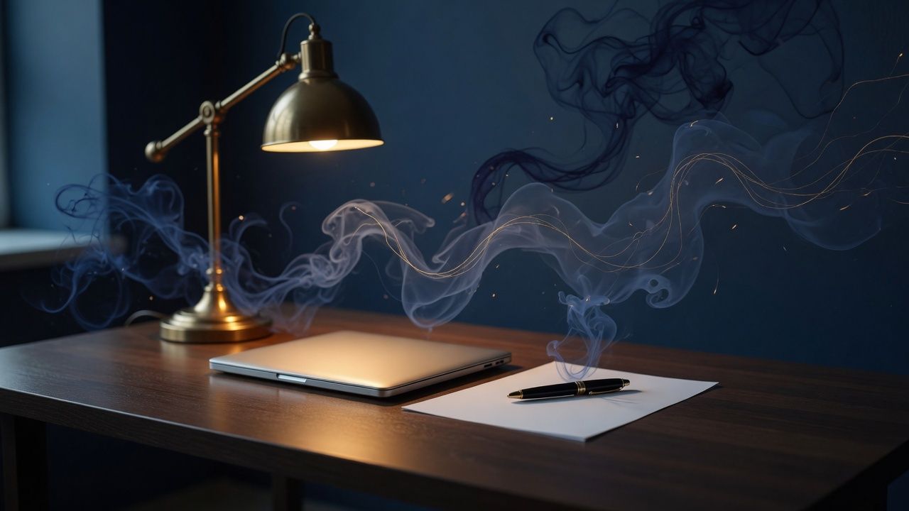 A brass lamp, a closed laptop, and a pen on a blank sheet.
