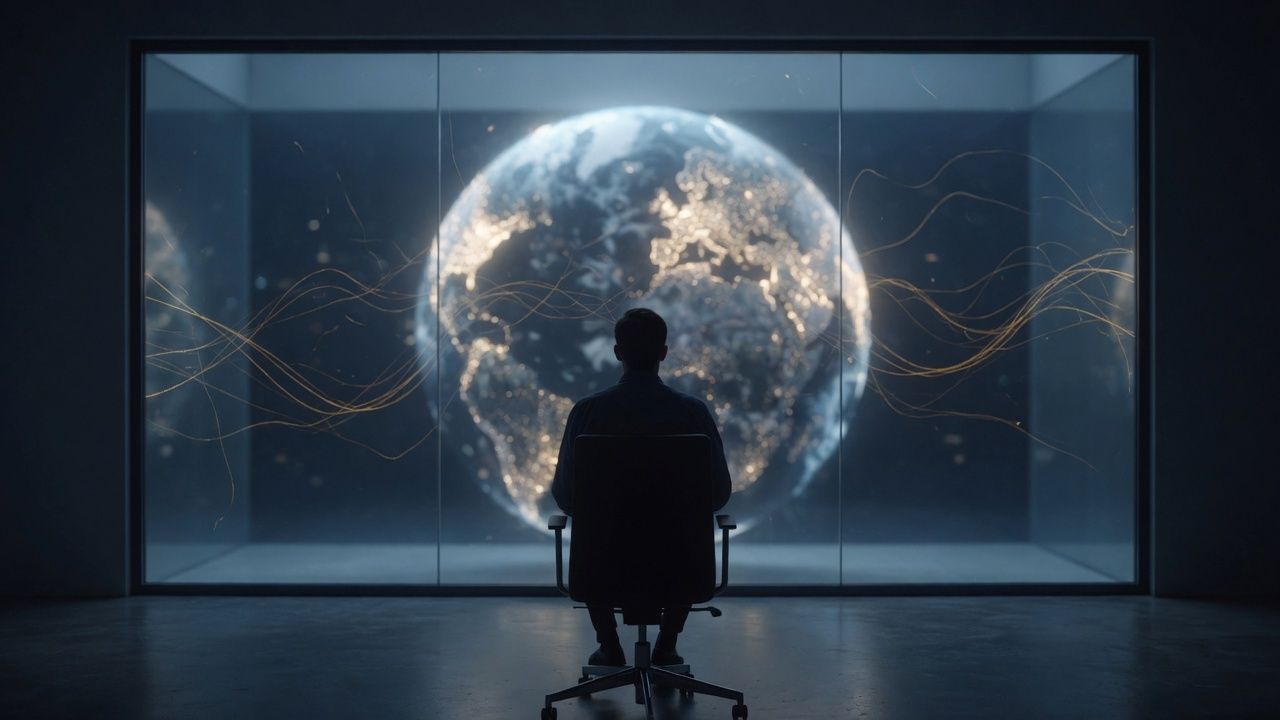 An analyst facing a globe of city lights in a dark glass room.