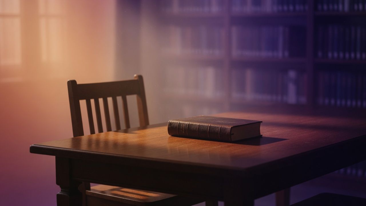 A closed book on a library table in peach and violet light.
