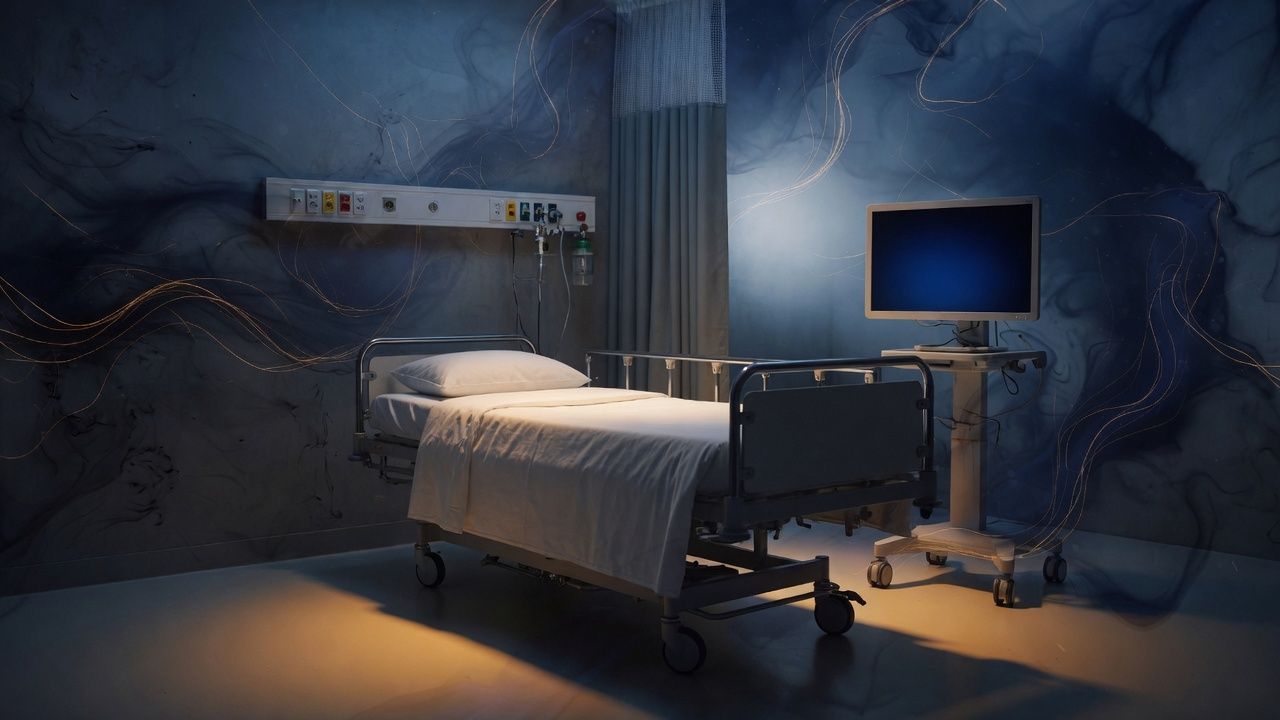 An empty hospital room with a bed, side rails, and a monitor.