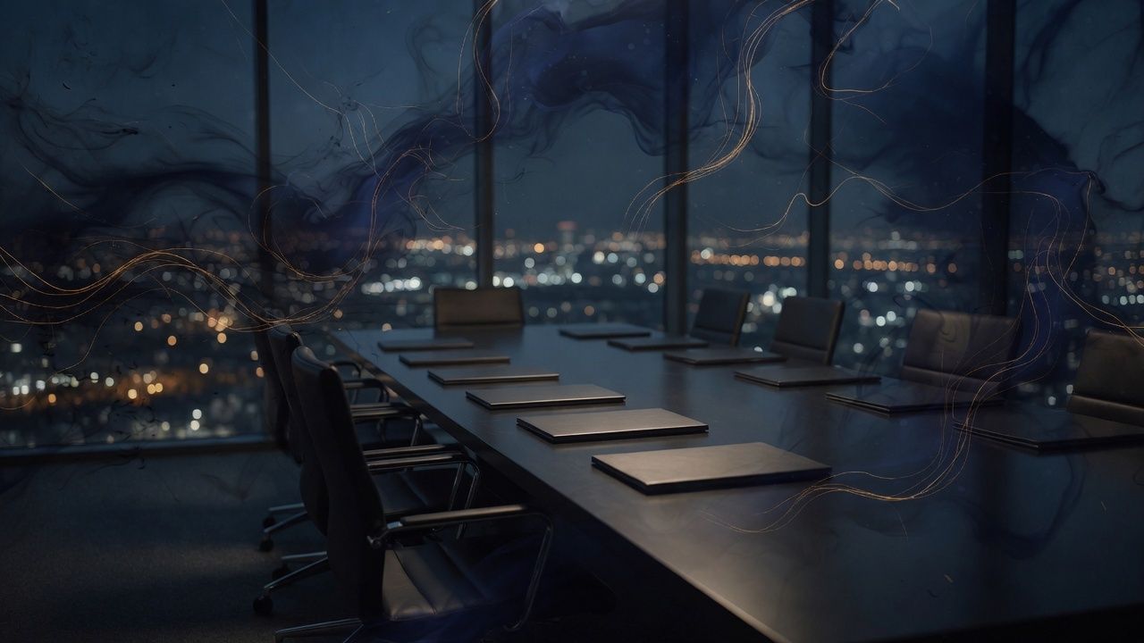 A night conference table set with a row of closed folders.