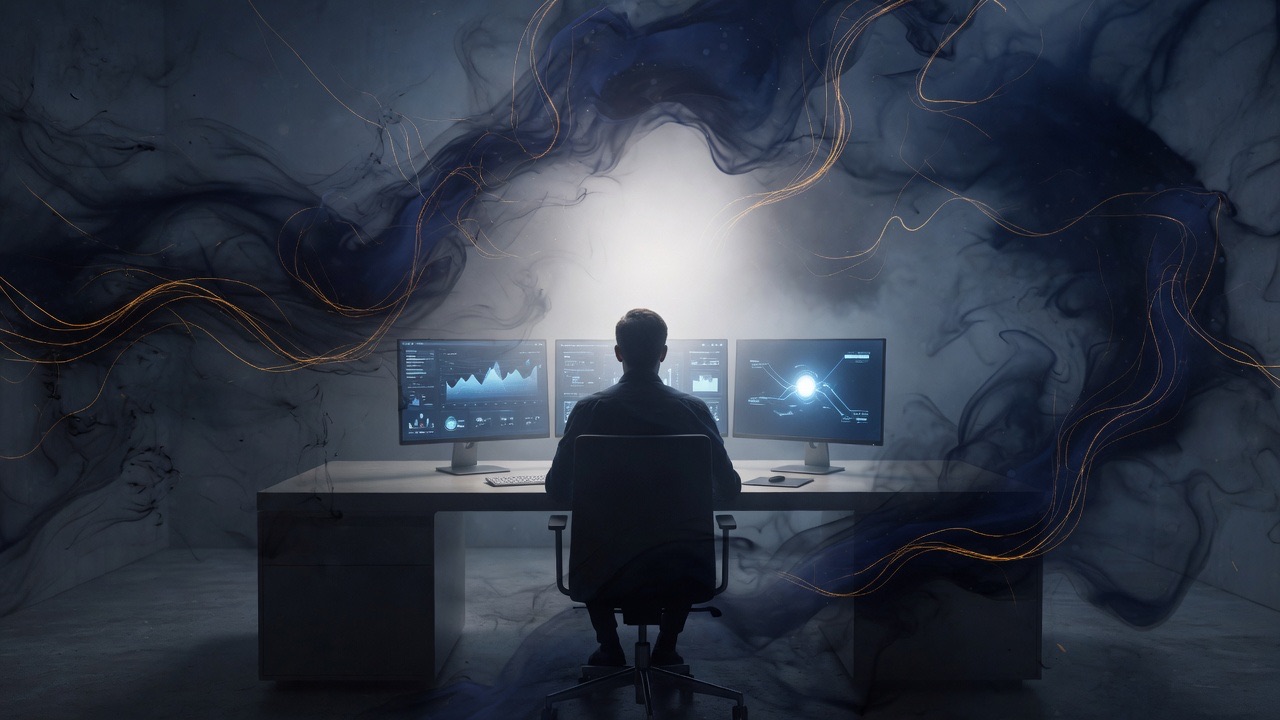 An adult at a desk facing three glowing screens