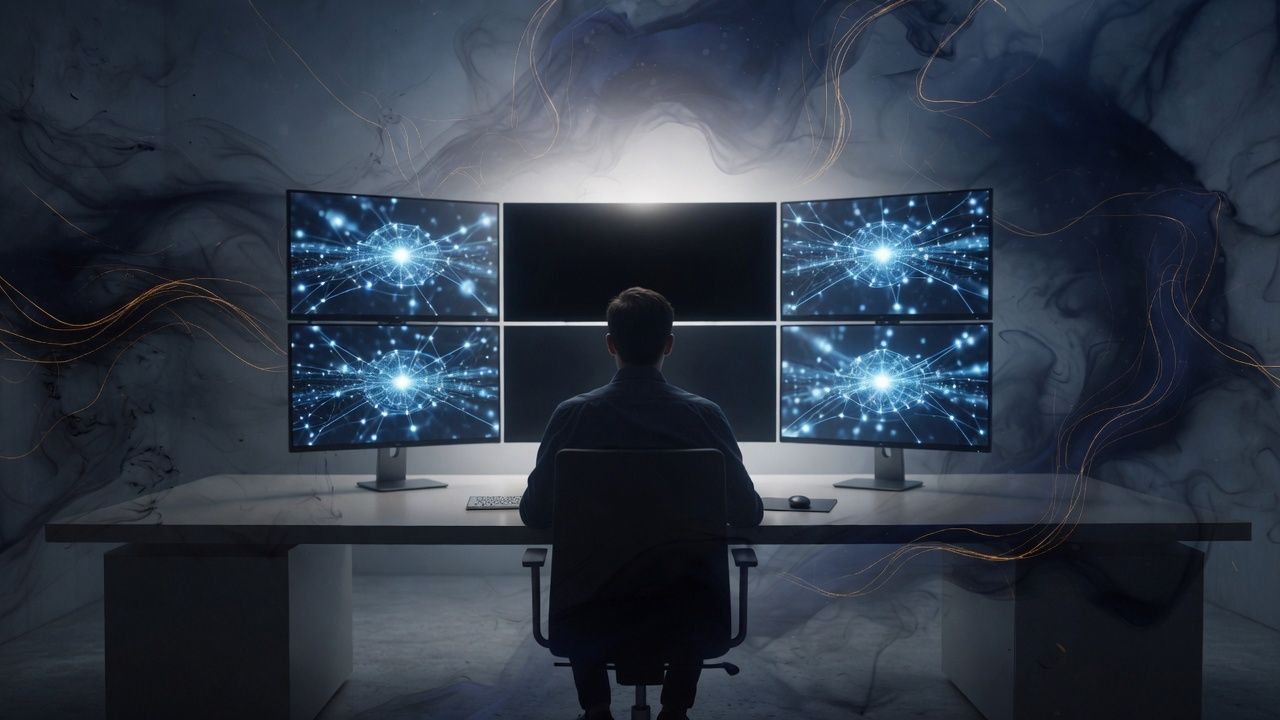 An analyst facing monitors, with the center screens dark.