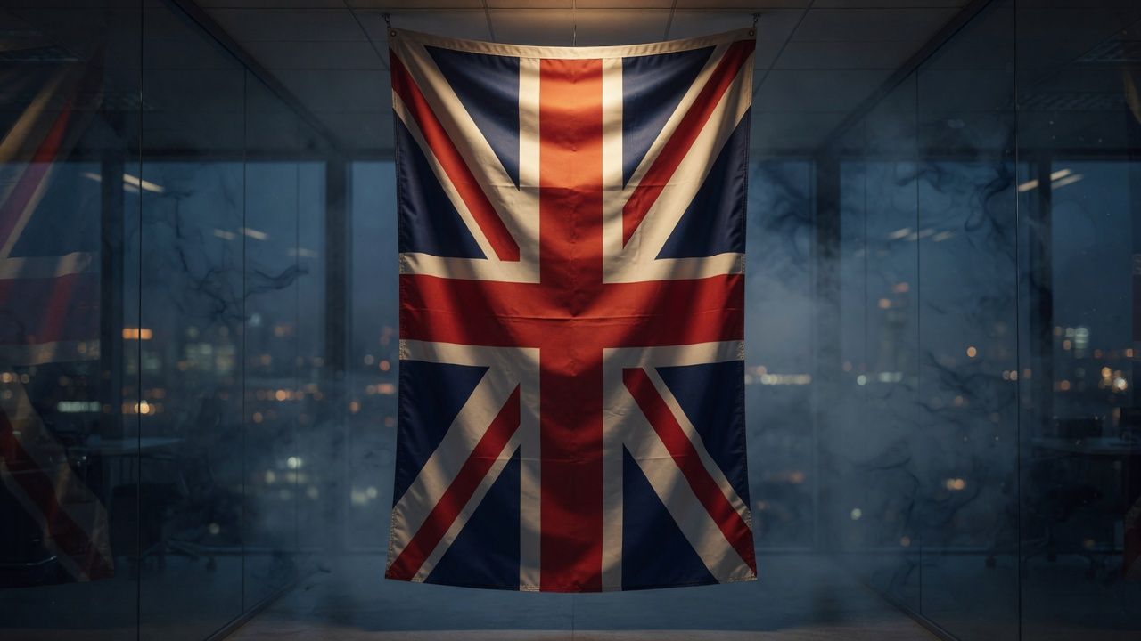 A Union Jack hanging in a glass office at night.
