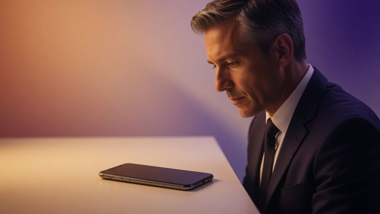 A hiring manager looking down at a dark phone on a pale desk.