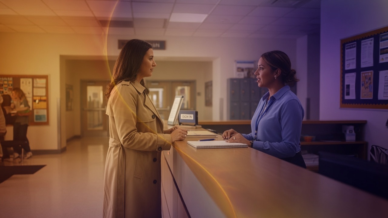Two adults talking across a school sign-in counter