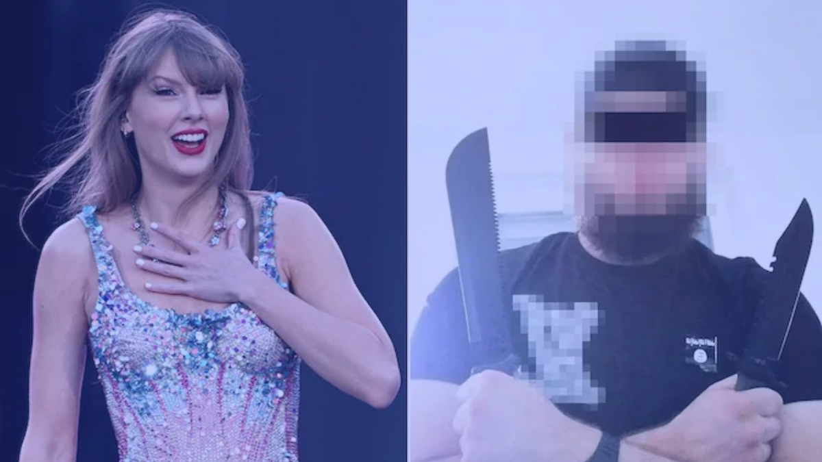 A performer on stage beside a pixelated person holding two large knives.