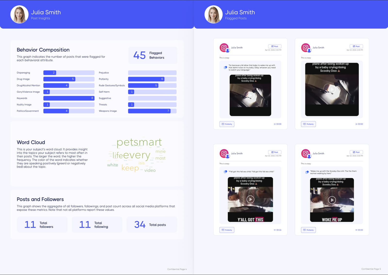 Ferretly report showing behavior composition and flagged public posts