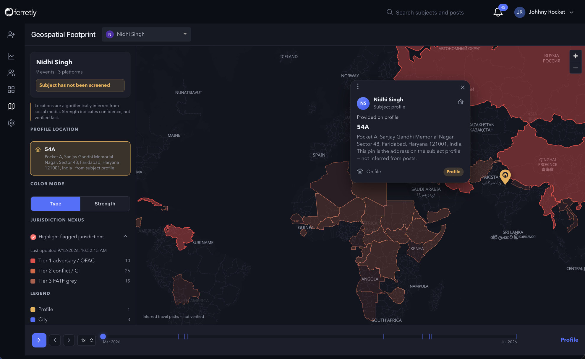 A geospatial footprint map with a profile location in India and flagged jurisdictions.